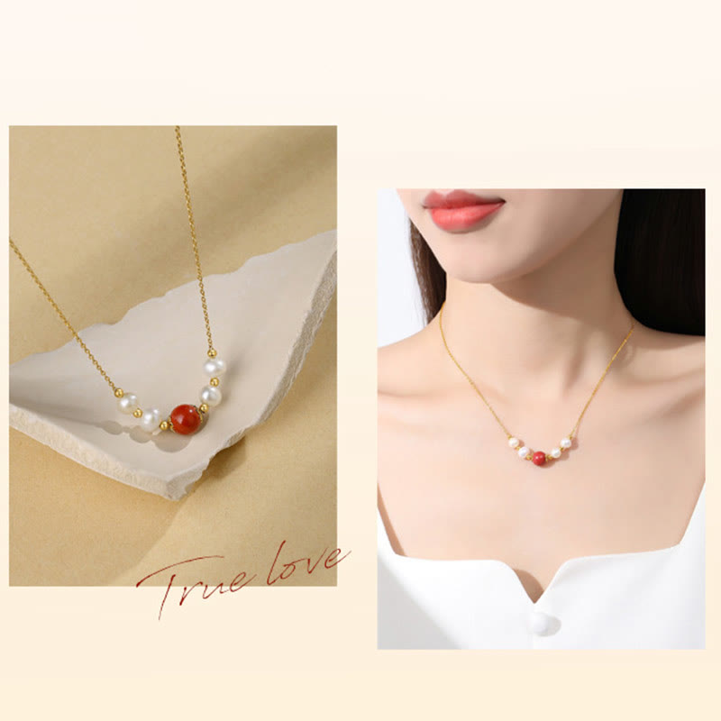 Halskette mit Heilperlen aus 925er Sterlingsilber und Zinnober