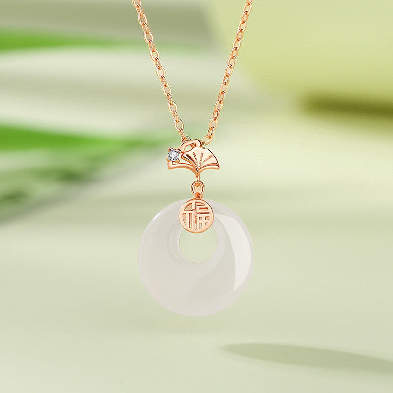 925 Sterling Silver Jade Necklace with Ginkgo Leaf & Butterfly Harmony Pendant