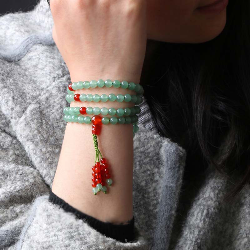 108 Bead Mala Bracelet Green Aventurine & Red Agate for Luck