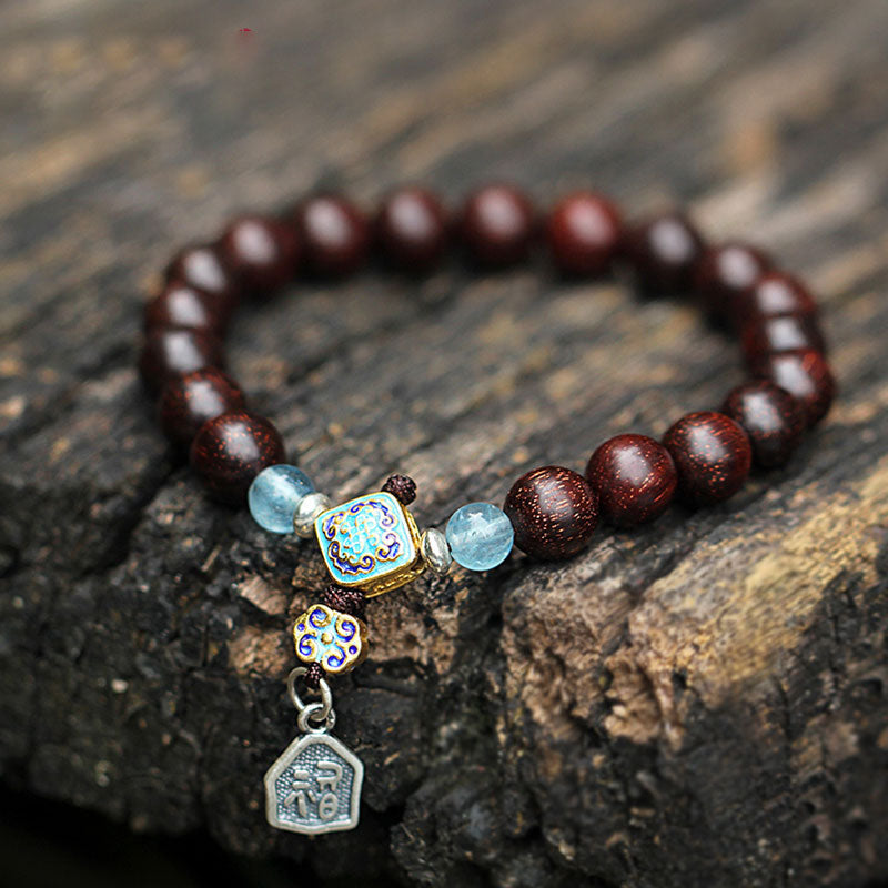 Aquamarine Bracelet with Red Sandalwood & 925 Silver Blessings