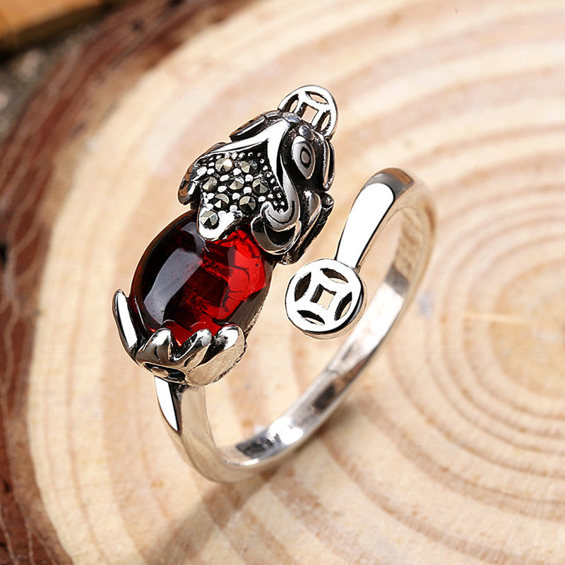 Adjustable Copper Garnet Pixiu Wealth Feng Shui Ring