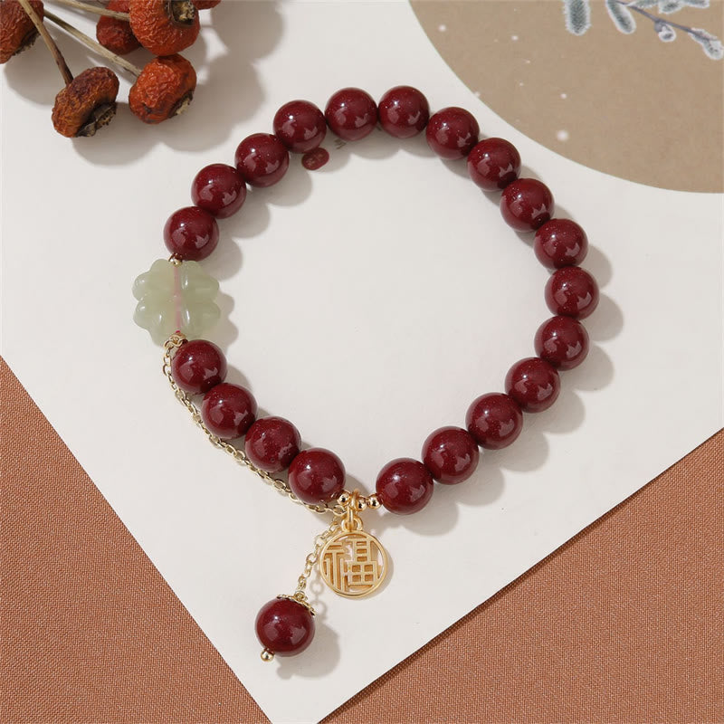 8 mm Hetian Jade Jade Armband mit Cinnabar Fu Blessing Charm