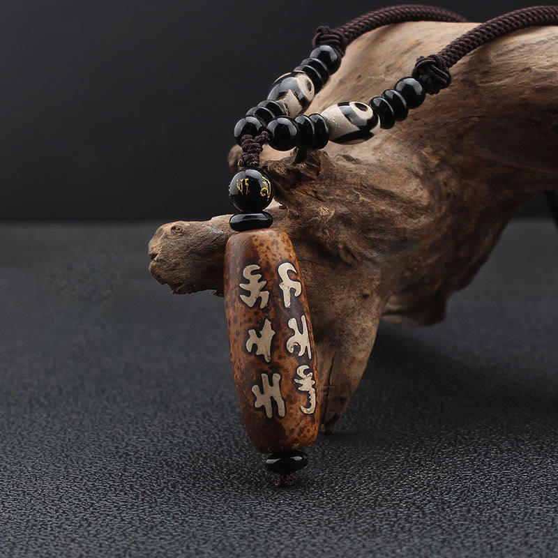 Om Mani Padme Hum Dzi Bead Necklace with Avalokitesvara Pattern