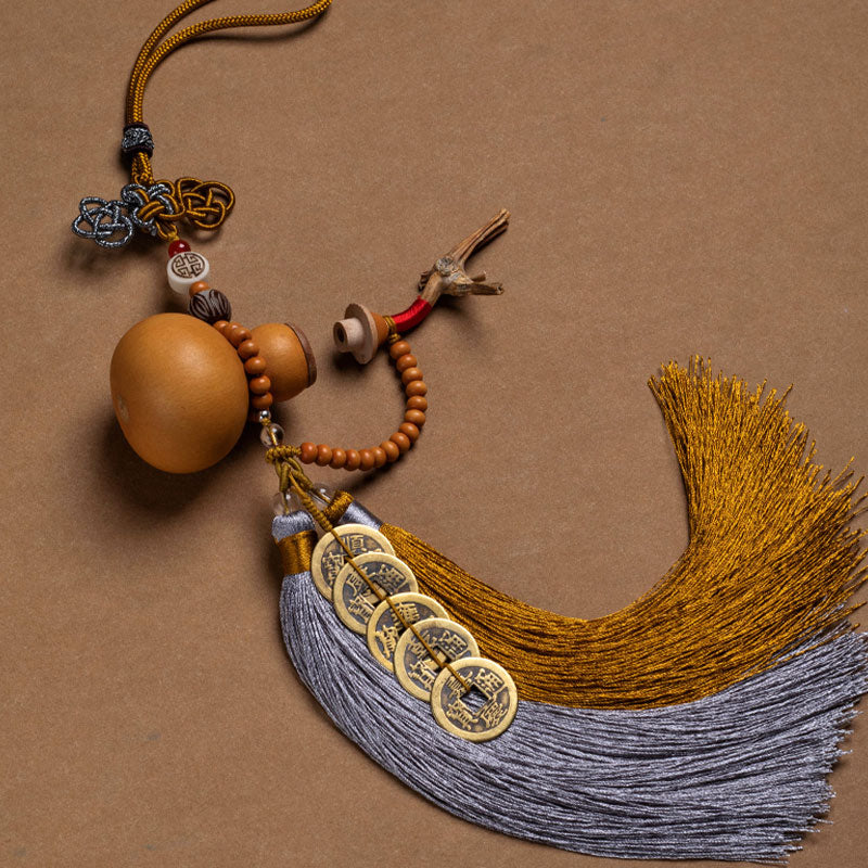 Feng Shui Fünf Kaiser Münzen Kürbis Quasten 41cm Dekoration