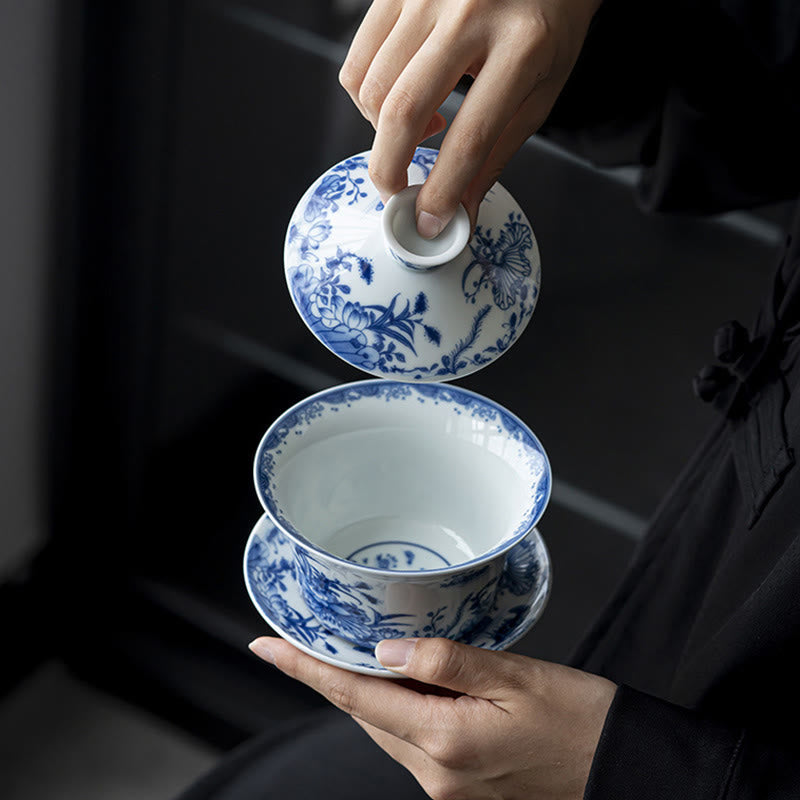 Löwentanz-Keramik-Gaiwan-Teetasse 300 ml mit Deckel und Untertasse