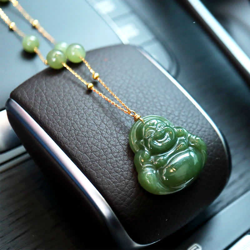 Glückskette aus Hetian-Jade mit Anhänger „Lachender Buddha“