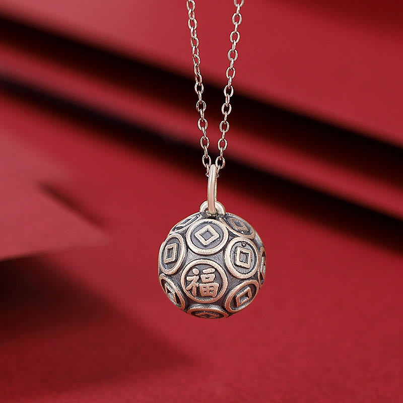 990 Sterling Silver Fu Character Luck Pendant Necklace