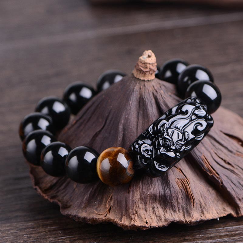 Natürliches schwarzes Obsidian-PiXiu-Armband 14 mm für Stärke
