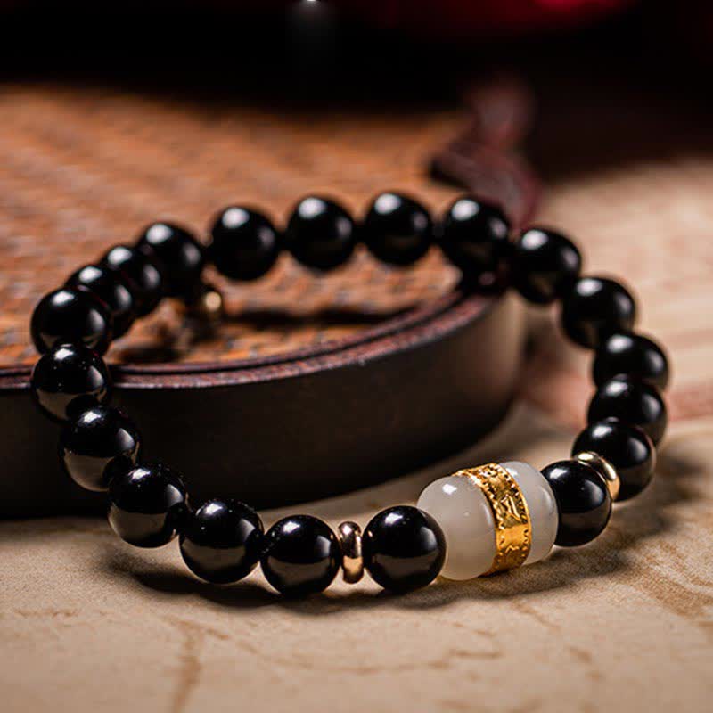 8mm Black Obsidian Jade Om Mani Padme Hum Strength Bracelet