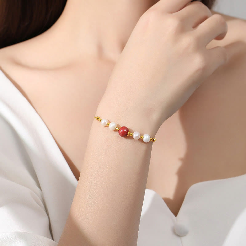 Heilarmband aus 925er Sterlingsilber, Perlen und Zinnober, 14–18 cm