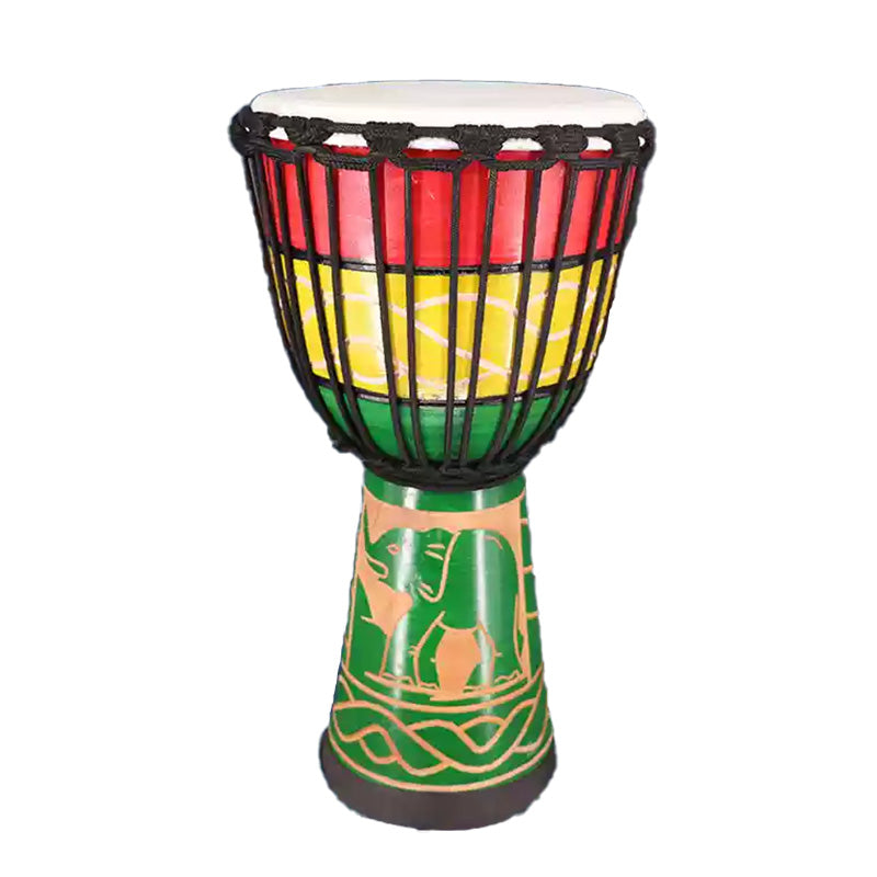 Djembe drum in Rasta colors featuring intricate elephant designs, handcrafted quality