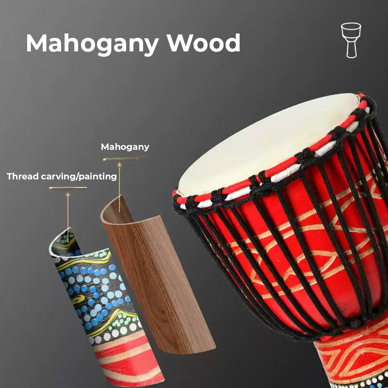 Mahogany Djembe drum with colorful patterns and thread carvings, Elephant design