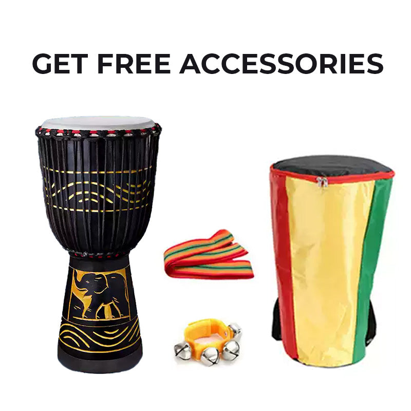 African Djembe Drum with Black and Gold Carved Patterns, Handcrafted Elephant Design