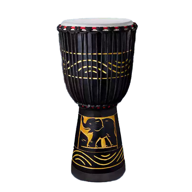 African Djembe Drum with Black Wood and Gold Elephant Design in 10’’ Handmade Product