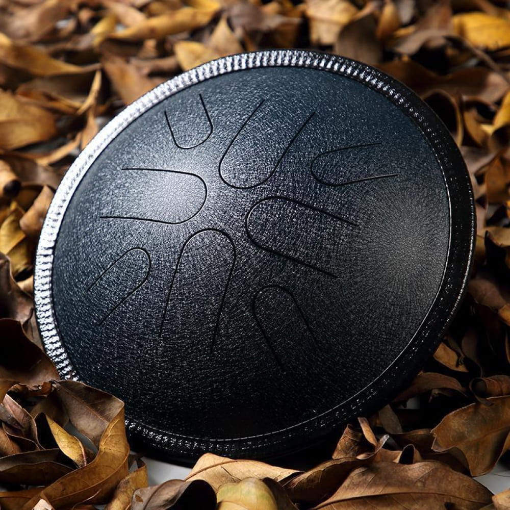 Black circular drum with geometric patterns, 10-Inch Copper Disc Steel Tongue Drum