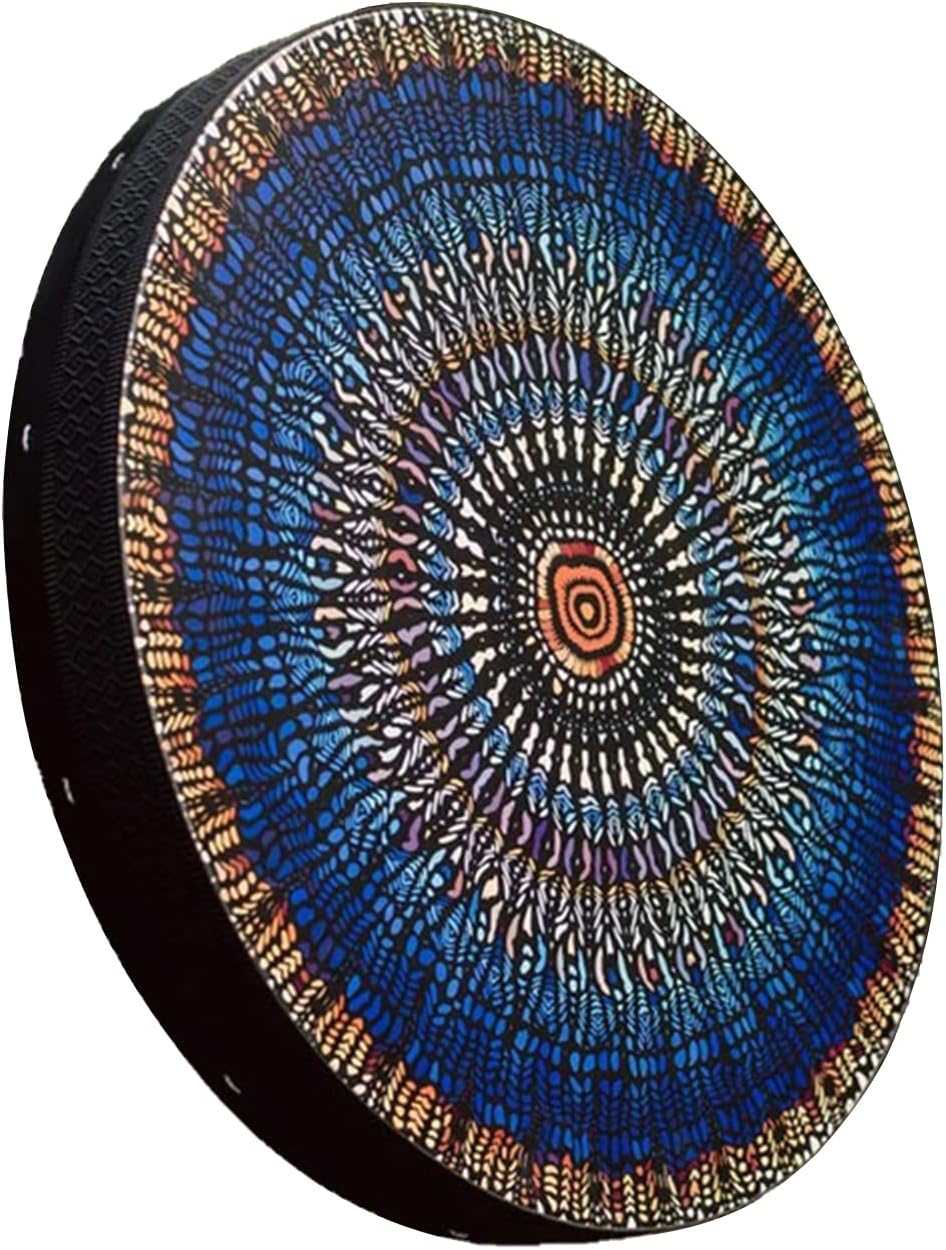 Circular decorative pillow featuring blue and white mandala pattern with orange center