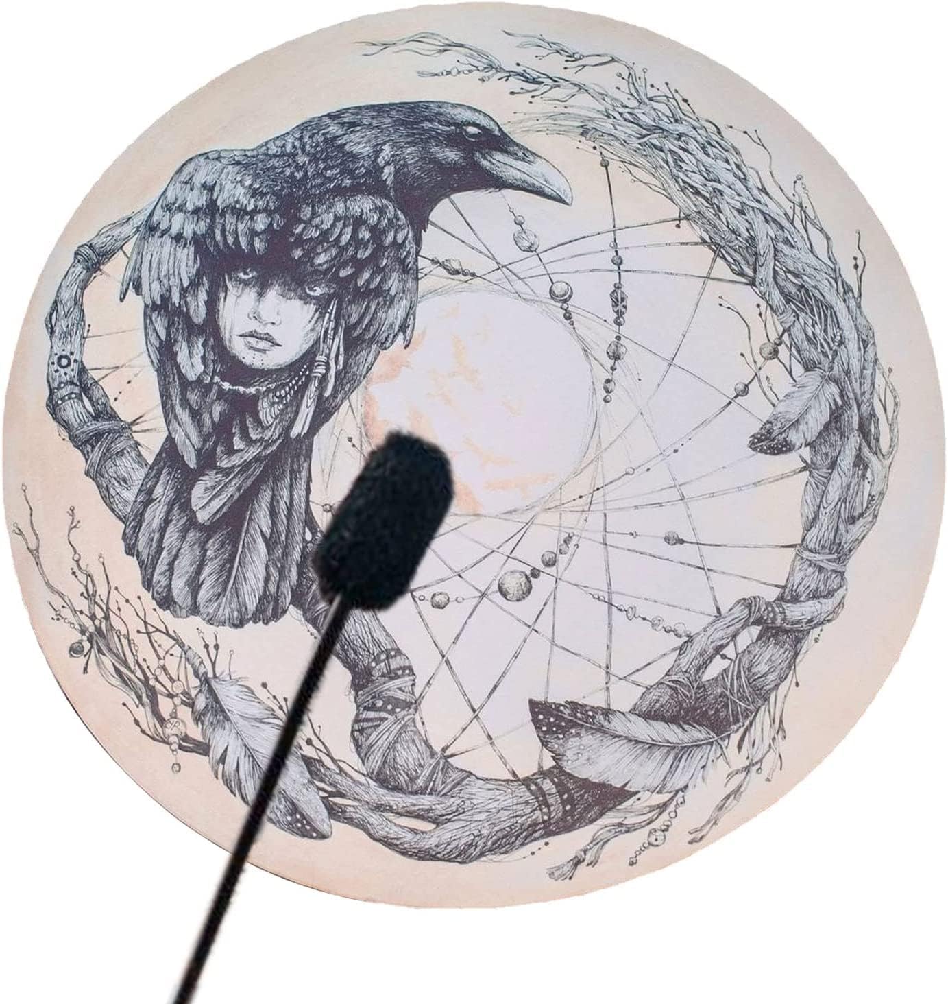 Artistic illustration of raven with hair and branches on 10 inch Shamanic Hand Drum