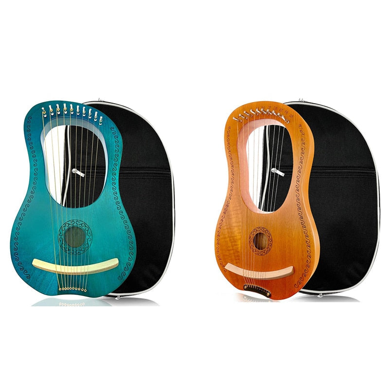 Two turquoise and orange Lyre Harps with black cases and accessories displayed