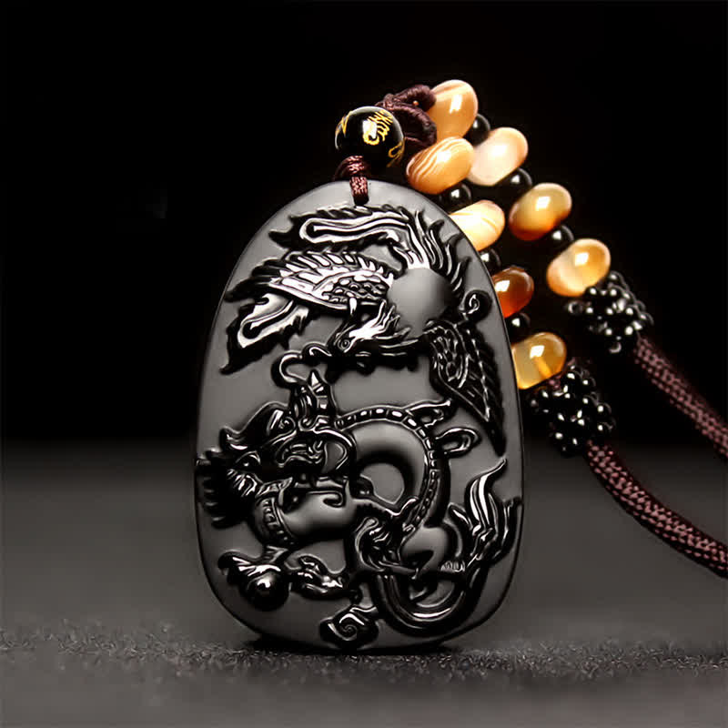 Black Obsidian Dragon Necklace with Tiger Eye Pendant for Protection