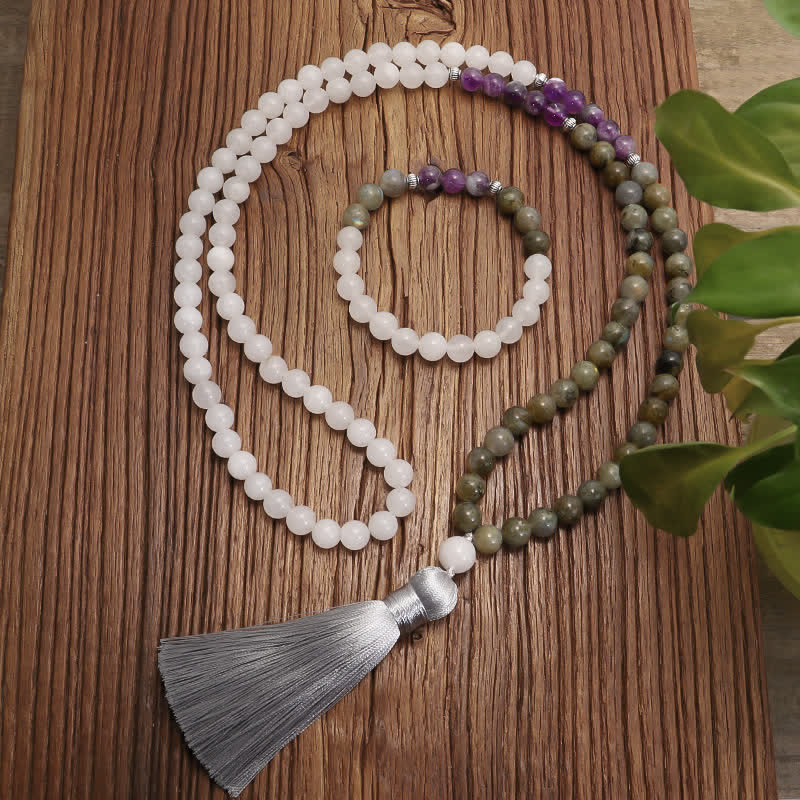 108 Perlen Edelstein Mala Armband | Weißer Achat Amethyst