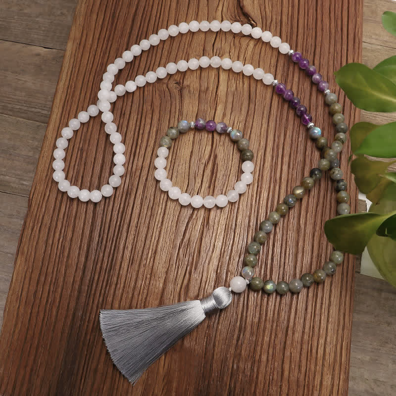 108 Perlen Edelstein Mala Armband | Weißer Achat Amethyst