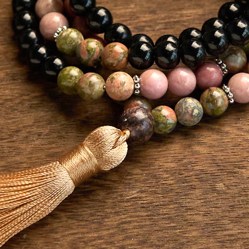 108 Perlen Schwarzer Jaspis Rhodonit Heilung Unisex Mala