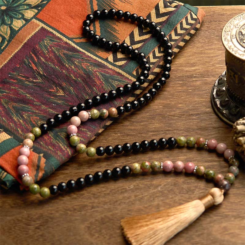 108 Perlen Schwarzer Jaspis Rhodonit Heilung Unisex Mala