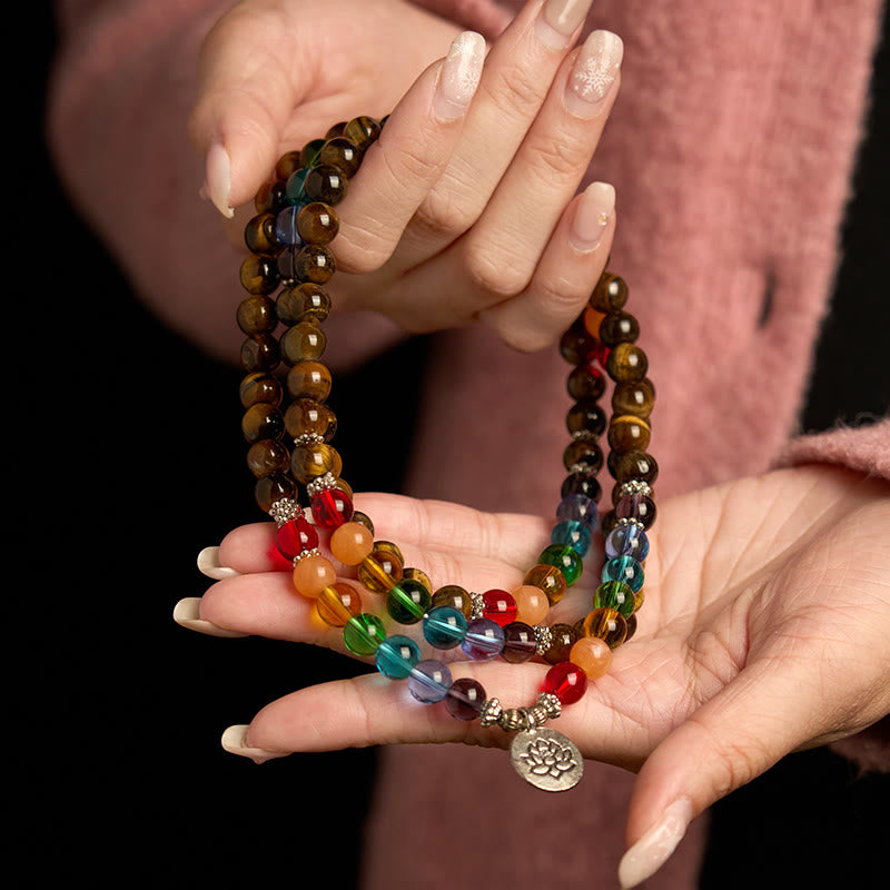 108 Perlen Tigerauge Farbiges Lotus Schutzarmband