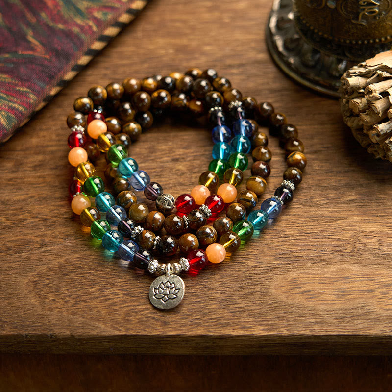 108 Perlen Tigerauge Farbiges Lotus Schutzarmband