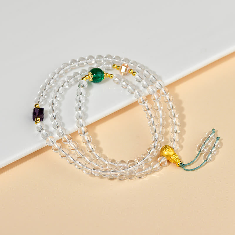 Mala-Armband mit 108 Perlen, weißer Kristallklarheit, Edelstein