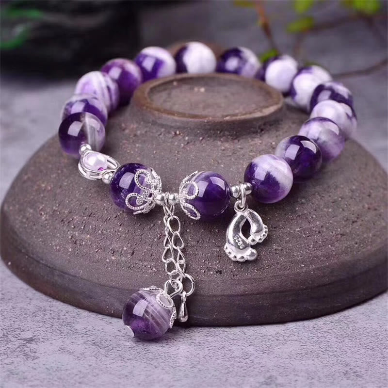 10 mm Amethyst-Armband mit Liebesherz und Fußanhänger