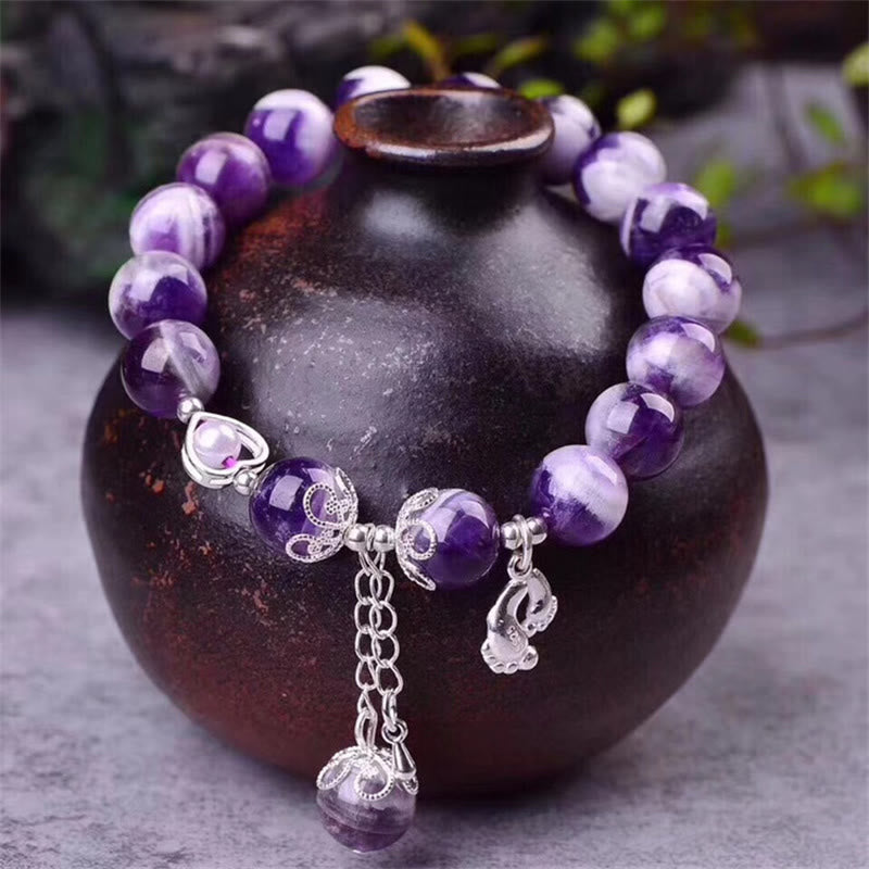 10 mm Amethyst-Armband mit Liebesherz und Fußanhänger