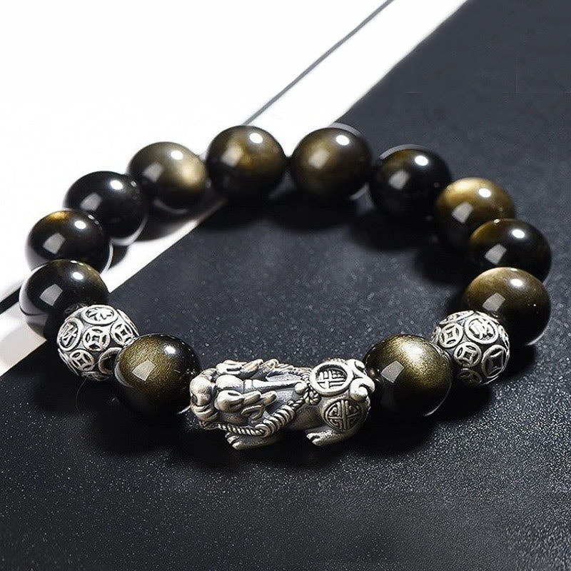 10 mm großes Pixiu-Armband aus goldfarbenem Obsidian zum Schutz des Reichtums