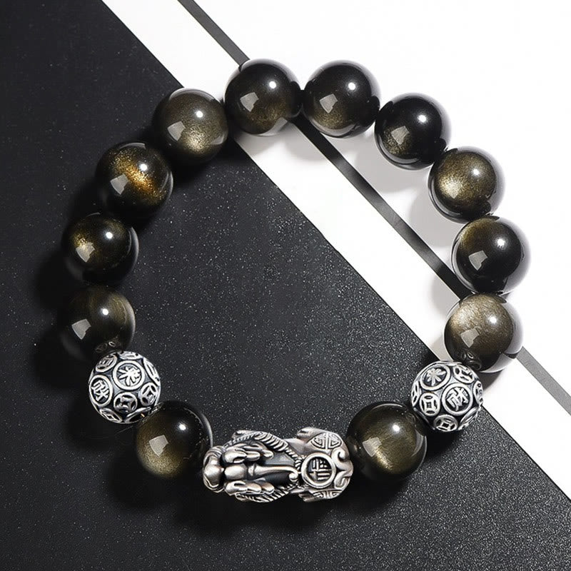 10 mm großes Pixiu-Armband aus goldfarbenem Obsidian zum Schutz des Reichtums