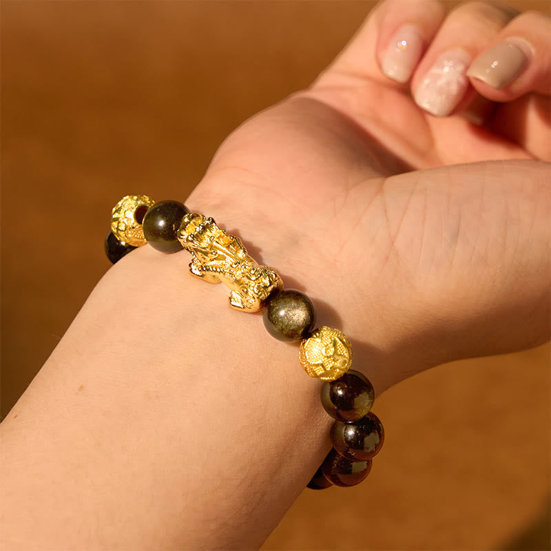 10 mm Goldglanz-Obsidian-Pixiu-Armband „Om Mani Padme Hum“ für Reichtum