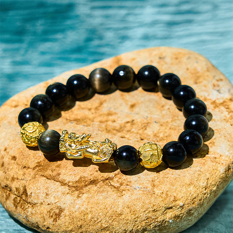 10 mm Goldglanz-Obsidian-Pixiu-Armband „Om Mani Padme Hum“ für Reichtum