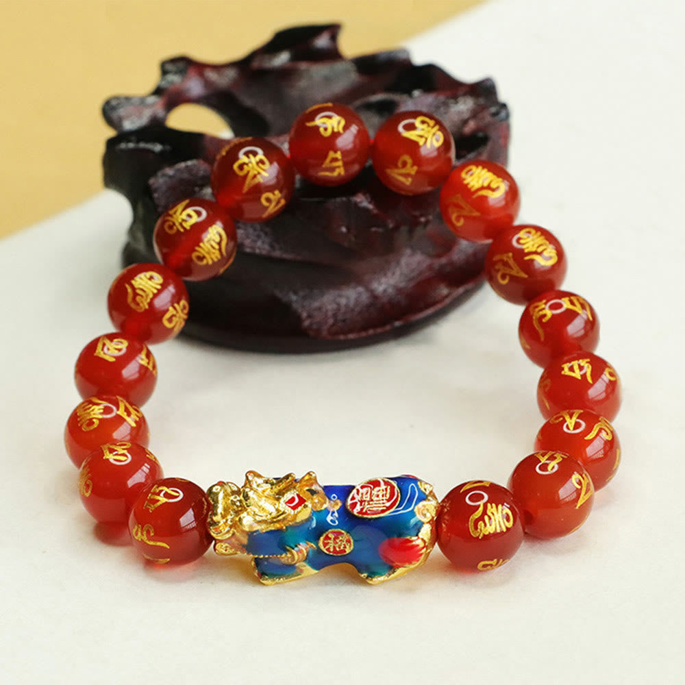 10 mm rotes Achat-Armband „Om Mani Padme Hum Pixiu Calm“