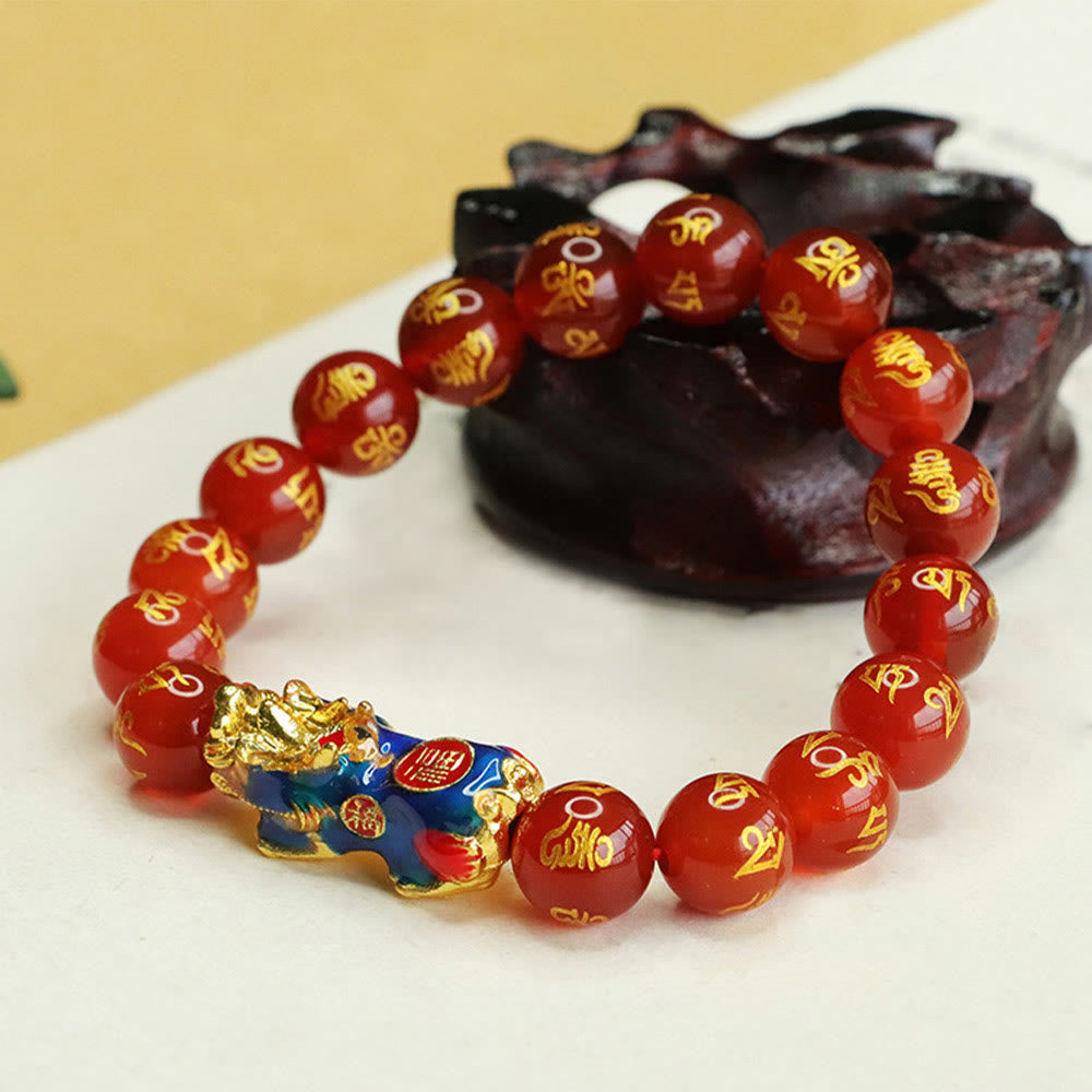 10 mm rotes Achat-Armband „Om Mani Padme Hum Pixiu Calm“