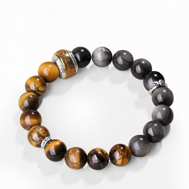 10 mm silberfarbenes Armband mit Obsidian und Tigerauge „Om Mani Padme Hum“