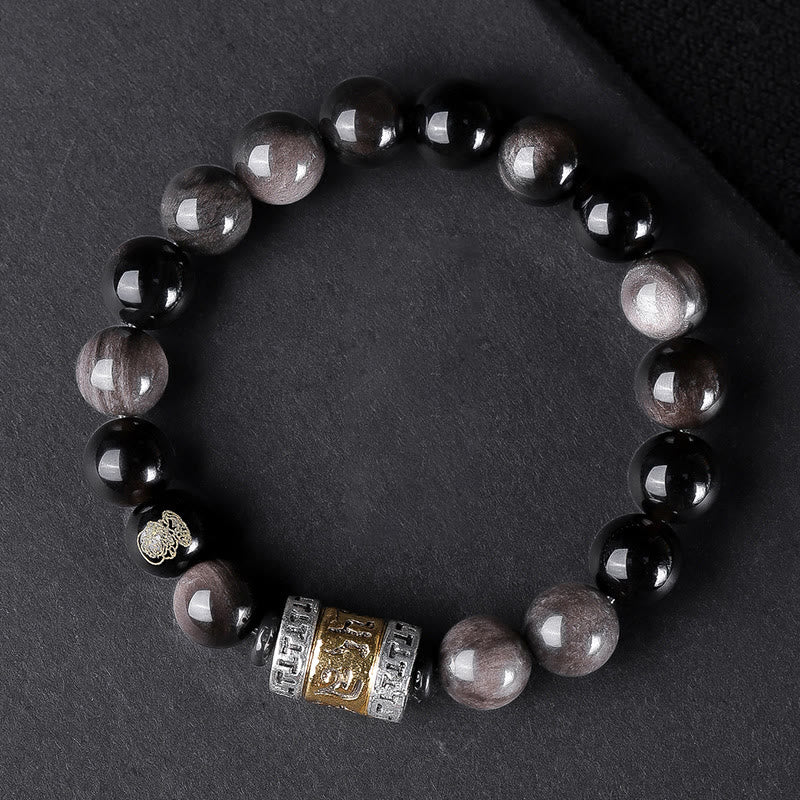 10 mm silberfarbenes Armband mit Obsidian und Tigerauge „Om Mani Padme Hum“