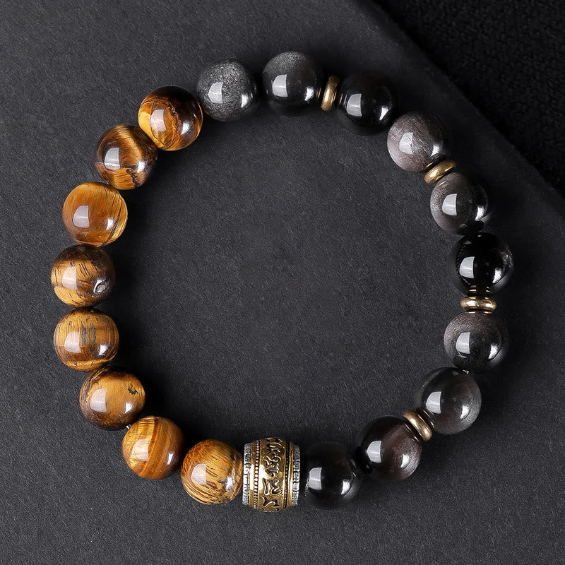 10 mm silberfarbenes Armband mit Obsidian und Tigerauge „Om Mani Padme Hum“