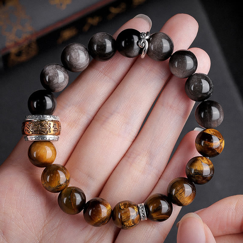 10 mm silberfarbenes Armband mit Obsidian und Tigerauge „Om Mani Padme Hum“