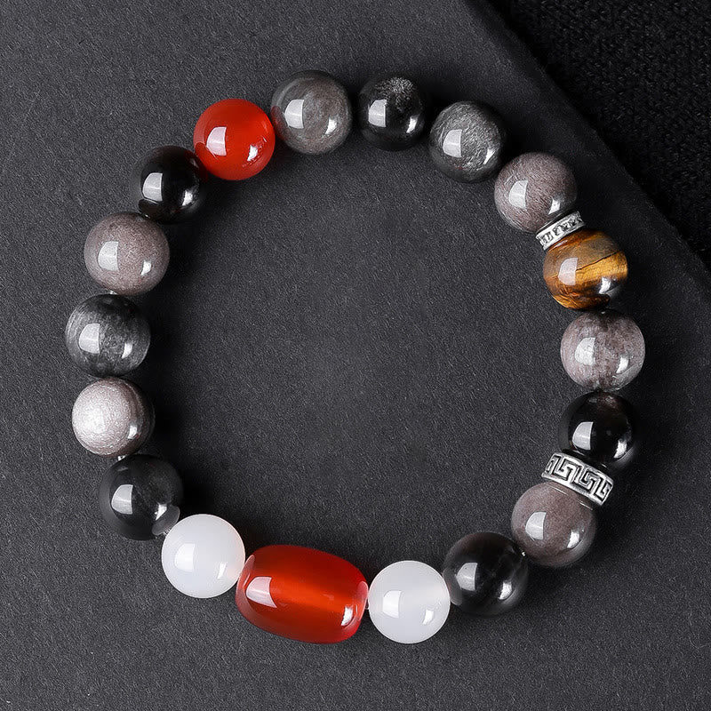 10 mm silberfarbenes Armband mit Obsidian und Tigerauge „Om Mani Padme Hum“