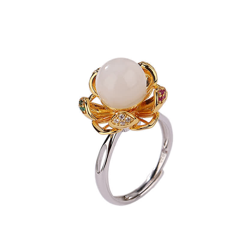 10 mm weißer und cyanfarbener Jade-Lotusblüten-Erfolgsring