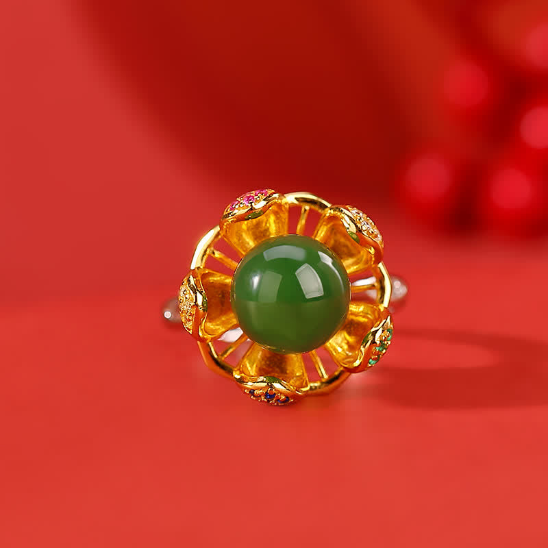 10 mm weißer und cyanfarbener Jade-Lotusblüten-Erfolgsring