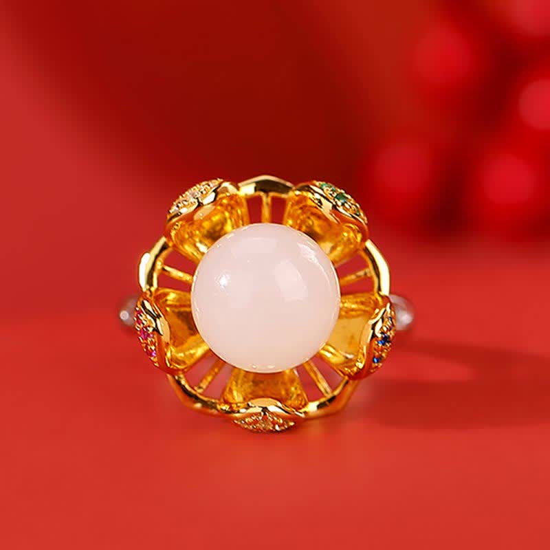 10 mm weißer und cyanfarbener Jade-Lotusblüten-Erfolgsring