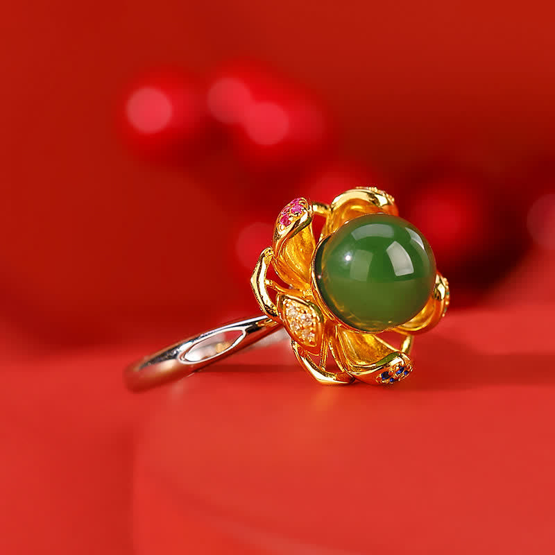 10 mm weißer und cyanfarbener Jade-Lotusblüten-Erfolgsring
