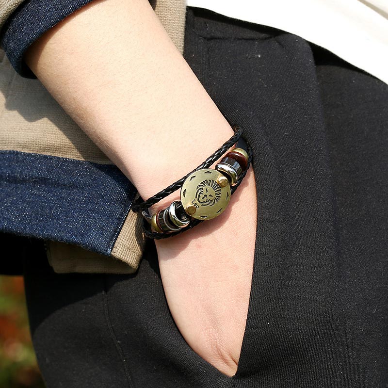 12 Sternbilder Zodiac Hämatit Leder Charm Armband