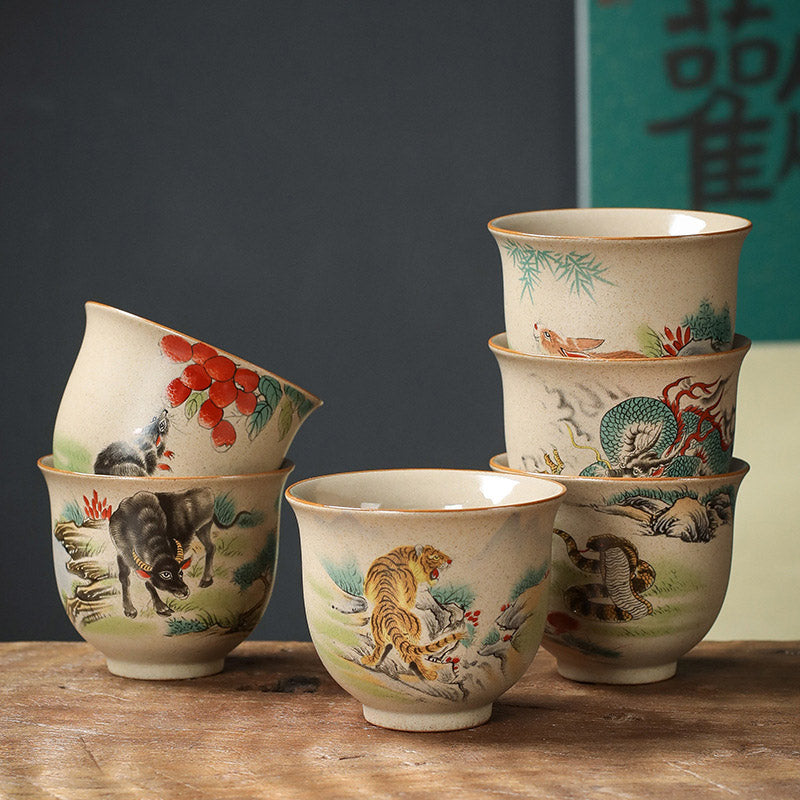 Keramik-Teetasse mit 12 chinesischen Sternzeichen | 130 ml Kung-Fu-Teetasse