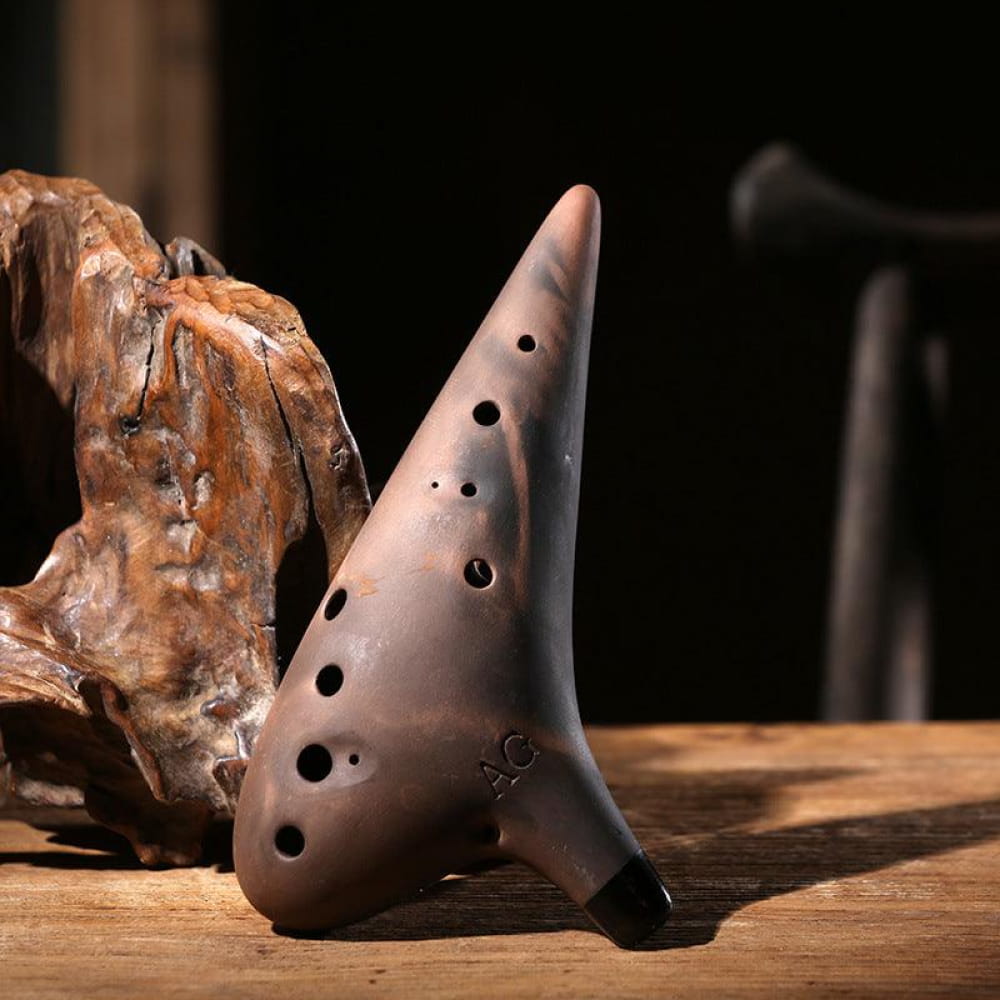 Ceramic 12 Hole Alto C Ocarina Flute with finger holes in smoked finish design